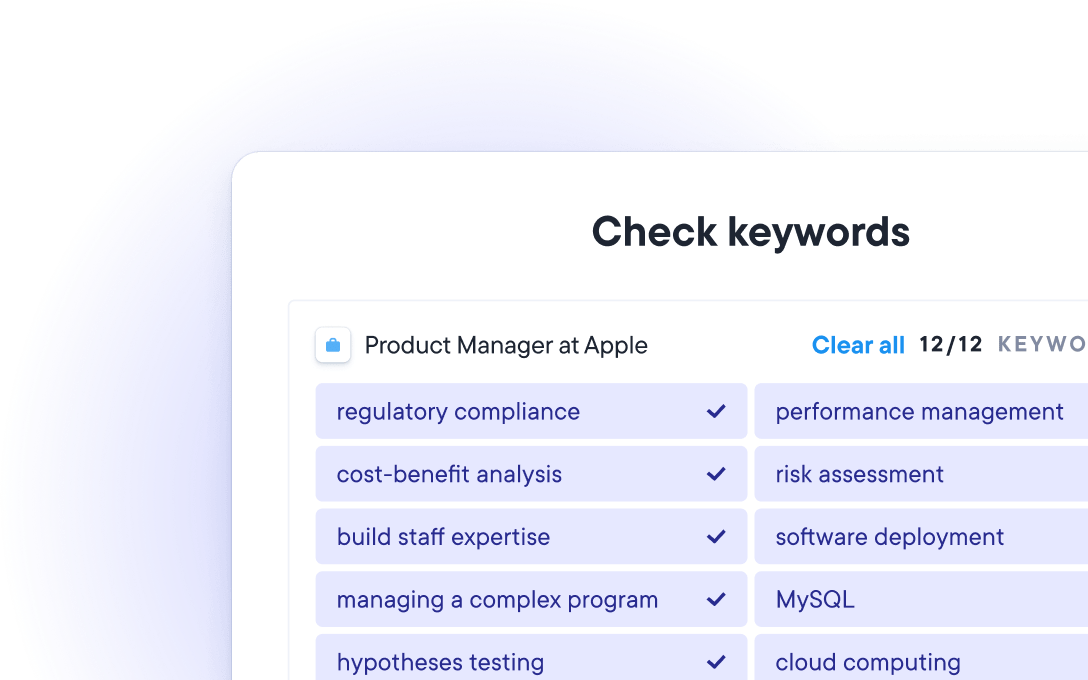 ATS resume checker matching job-specific keywords for a Product Manager position at Apple