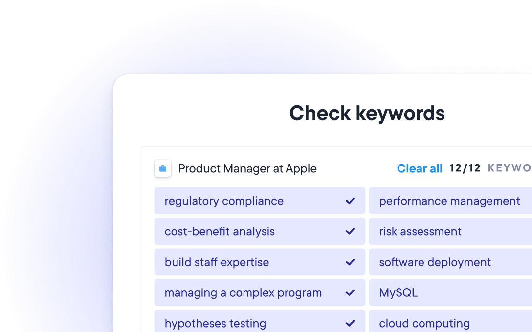 ATS CV checker matching job-specific keywords for a Product Manager position at Apple