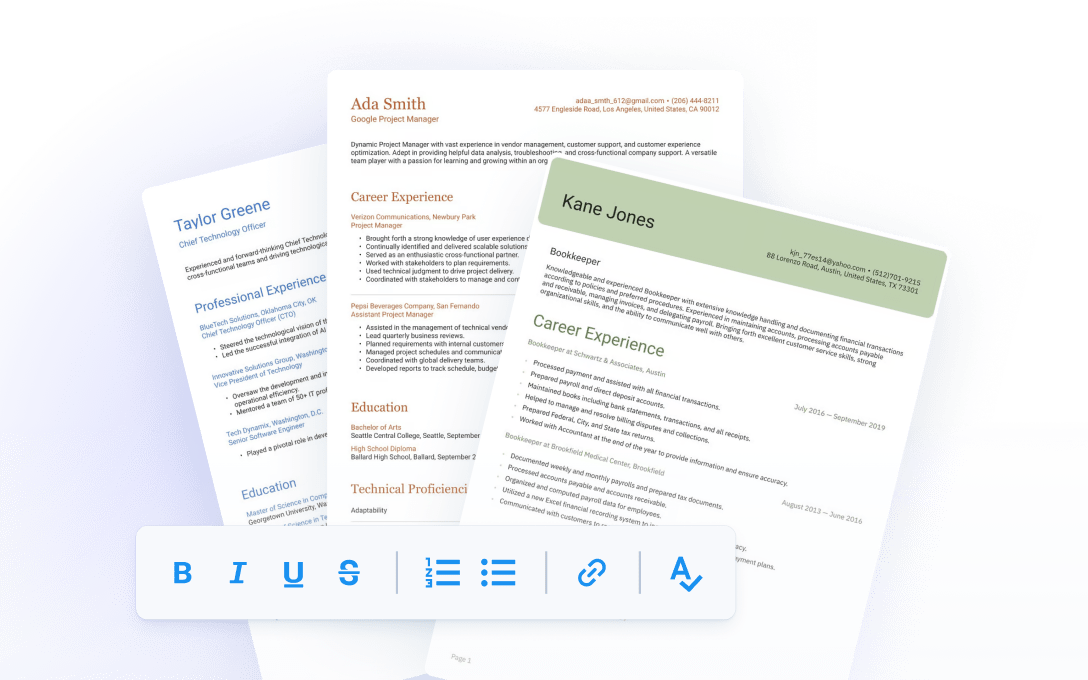 Examples of ATS-friendly CV templates with formatting options for editing CV content