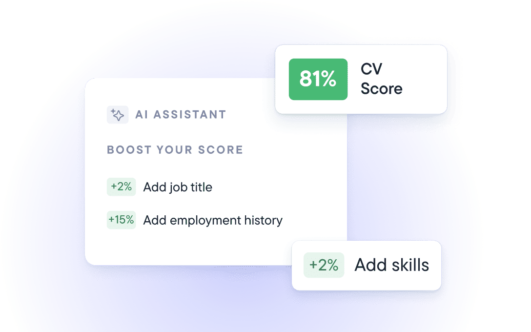 CV checker showing score and AI-powered suggestions to improve job title, skills, and work history