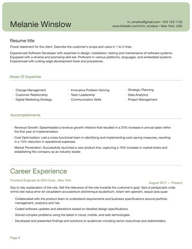 One column CV template Header ATS